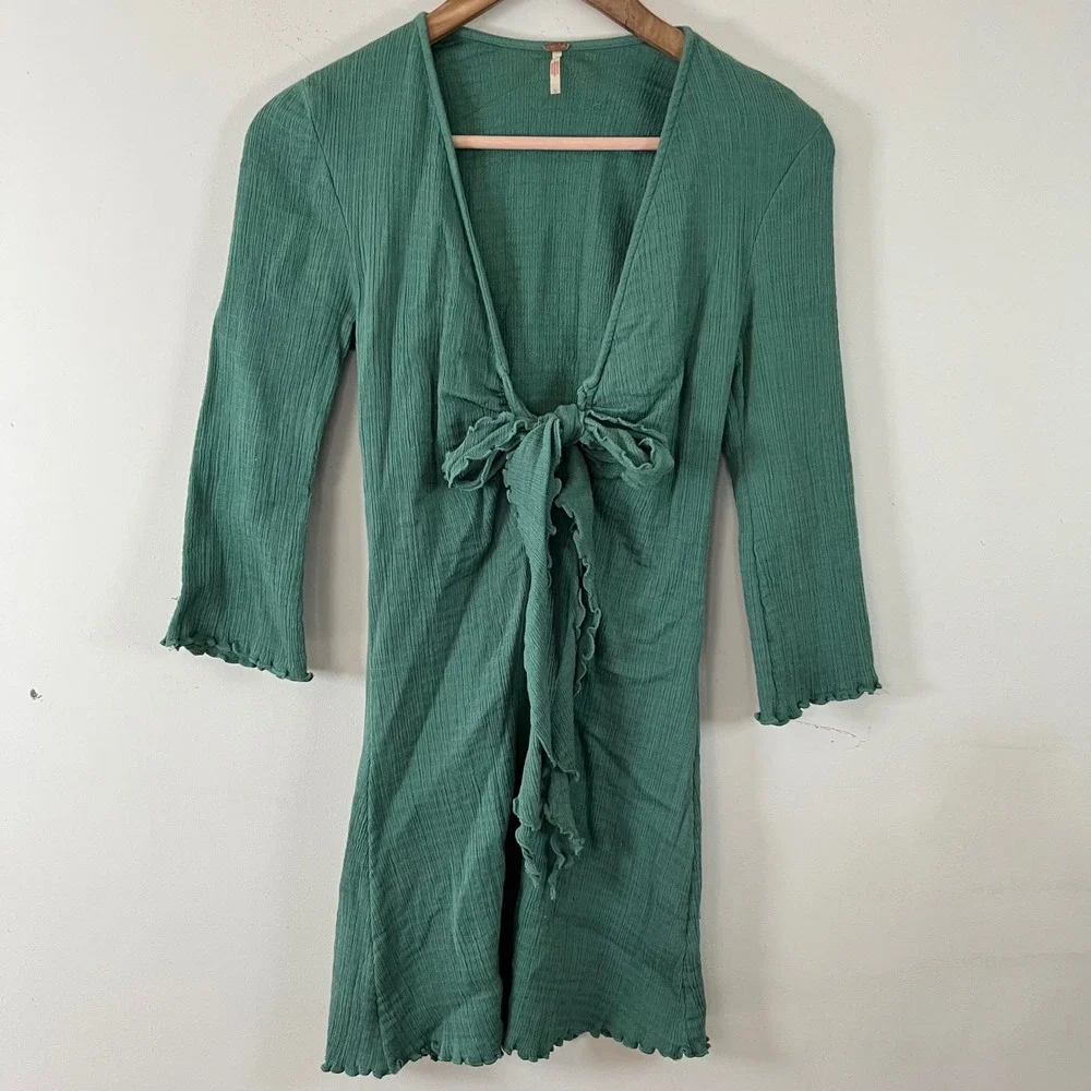Free People Kianni Mini Dress‎ Tie Front Mermaid Green Womens Small Boho Beachy